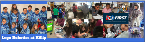 Pictures of Killip Lego Robotics Team with robot and practicing core values 